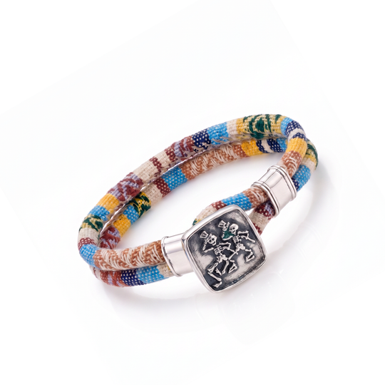 Dancing Skeletons sterling silver Harvest Dance woven cloth rope bracelet — tilted view