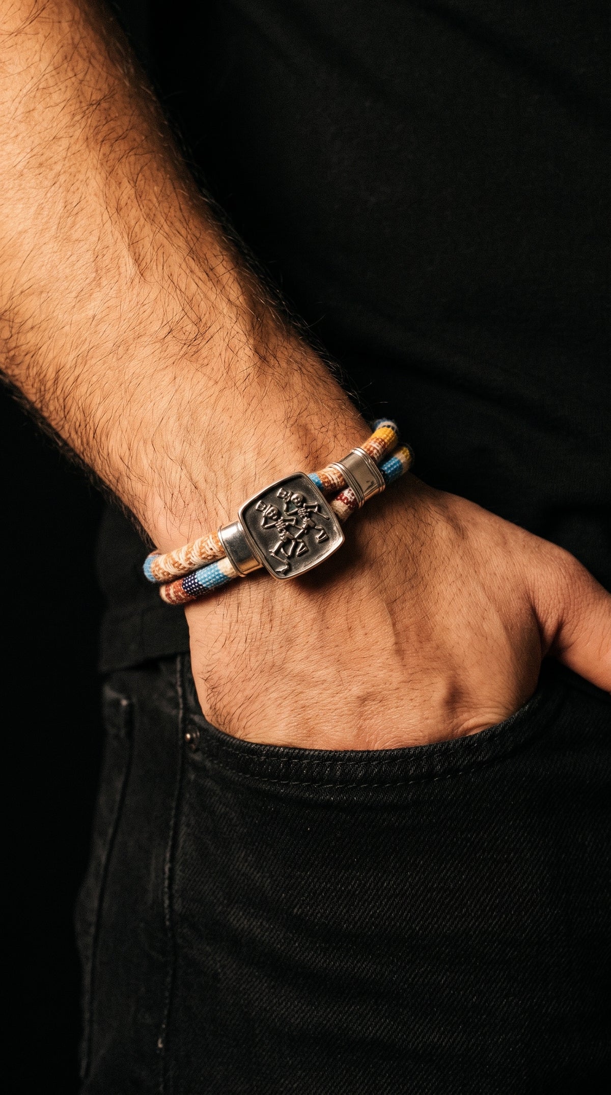 Dancing Skeletons Sterling Silver Harvest Dance Woven Cloth Rope Bracelet