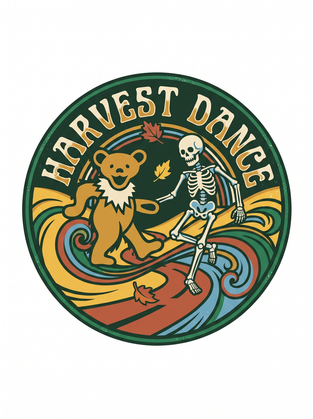 Harvest Dance emblem — dancing bear and skeleton over woven harvest waves