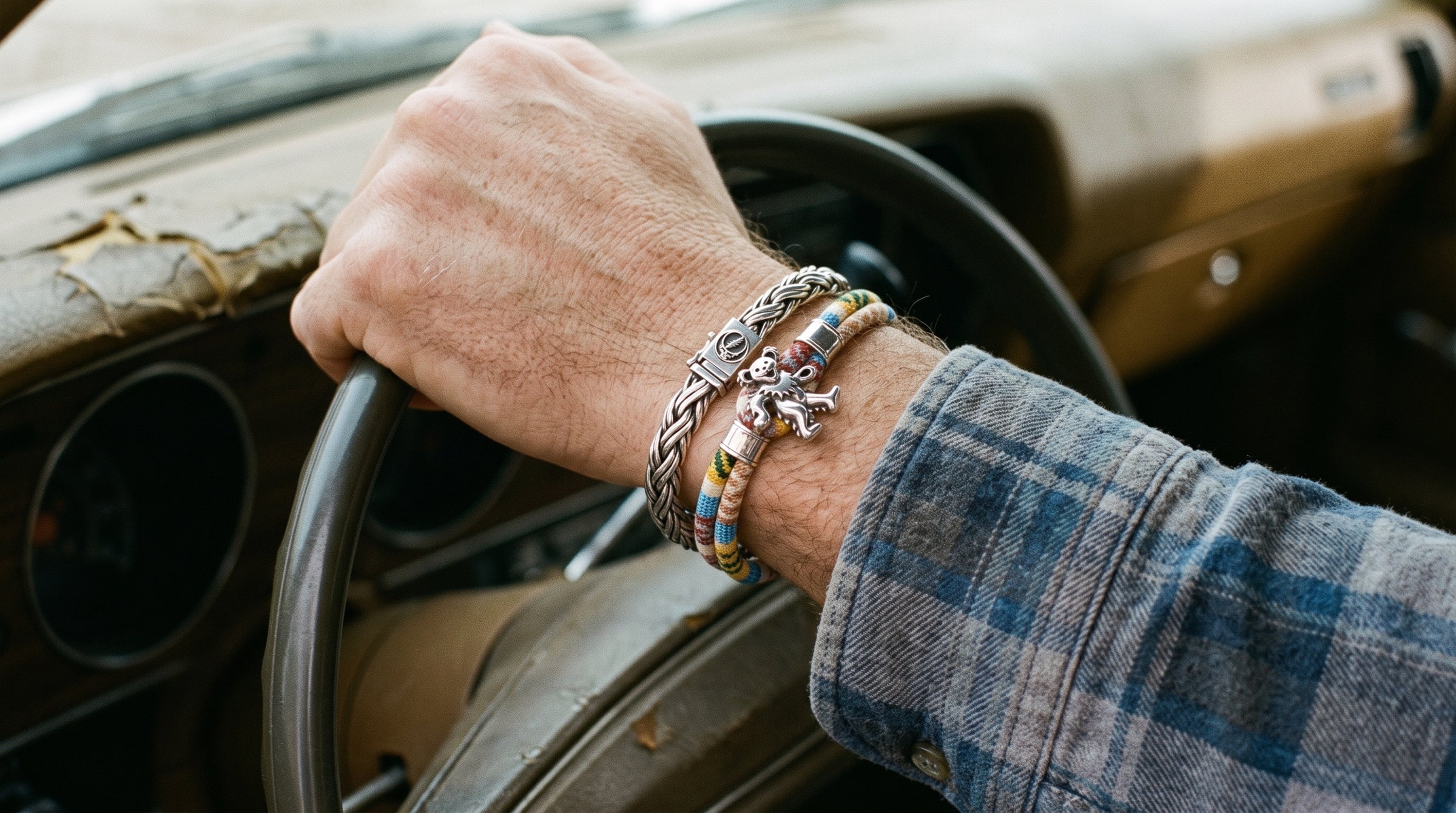 Harvest Dance bracelets worn at the wheel of a vintage car