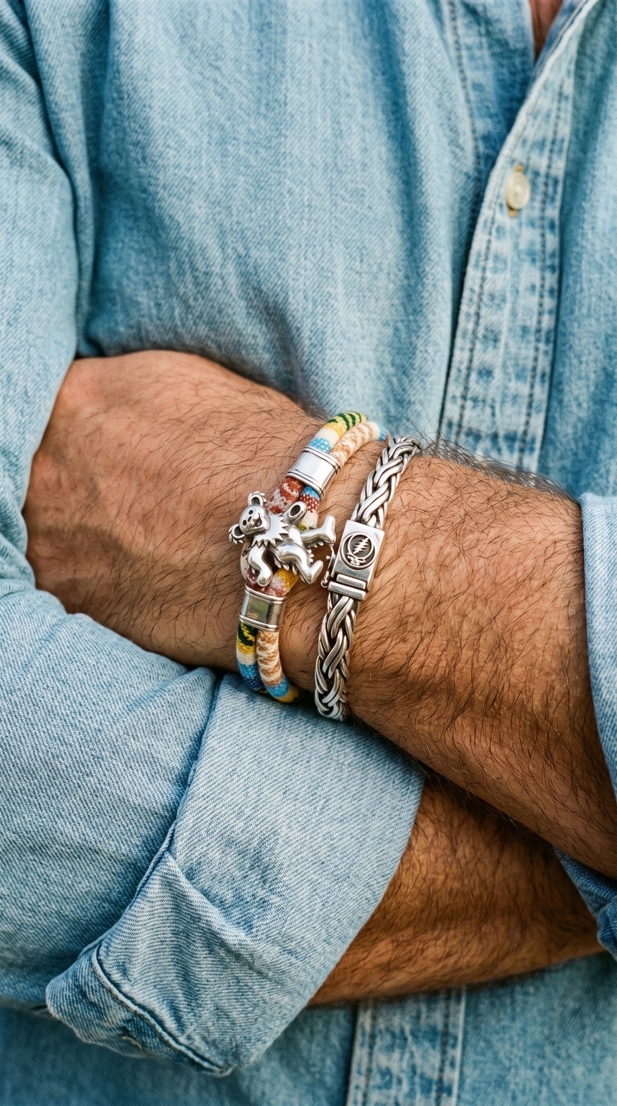 Harvest Dance bracelet stack worn over denim