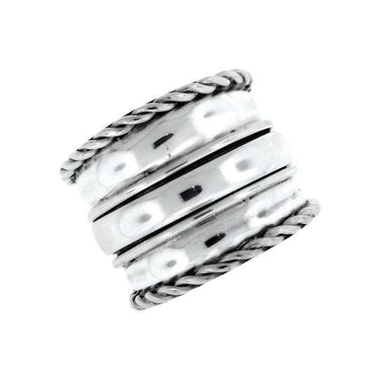 Nusantara Flores sterling silver spinner ring with twisted rope edges and hammered bands - Cynthia Gale New York