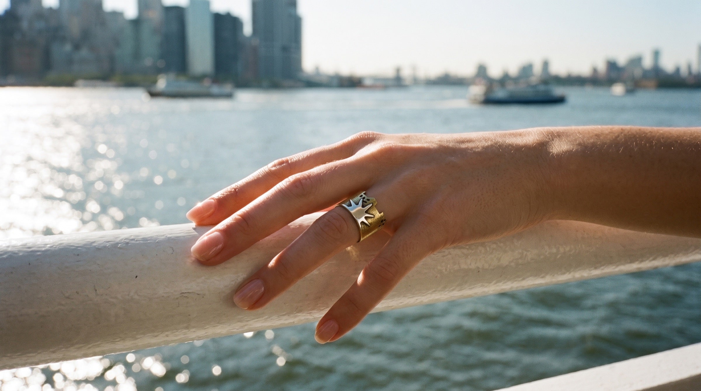 Statue of Liberty Crown ring, worn on the ferry — New York City Skyline Collection, Cynthia Gale New York.