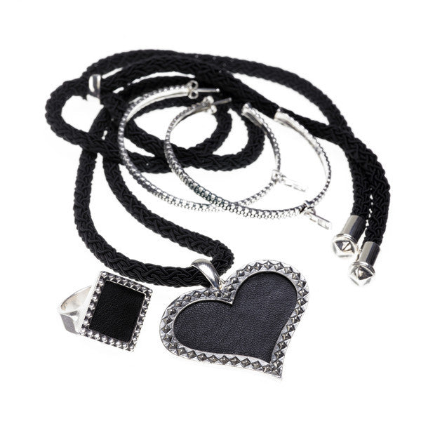 Rebel Punk Leather Heart Sterling Silver Necklace - Cynthia Gale New York Jewelry