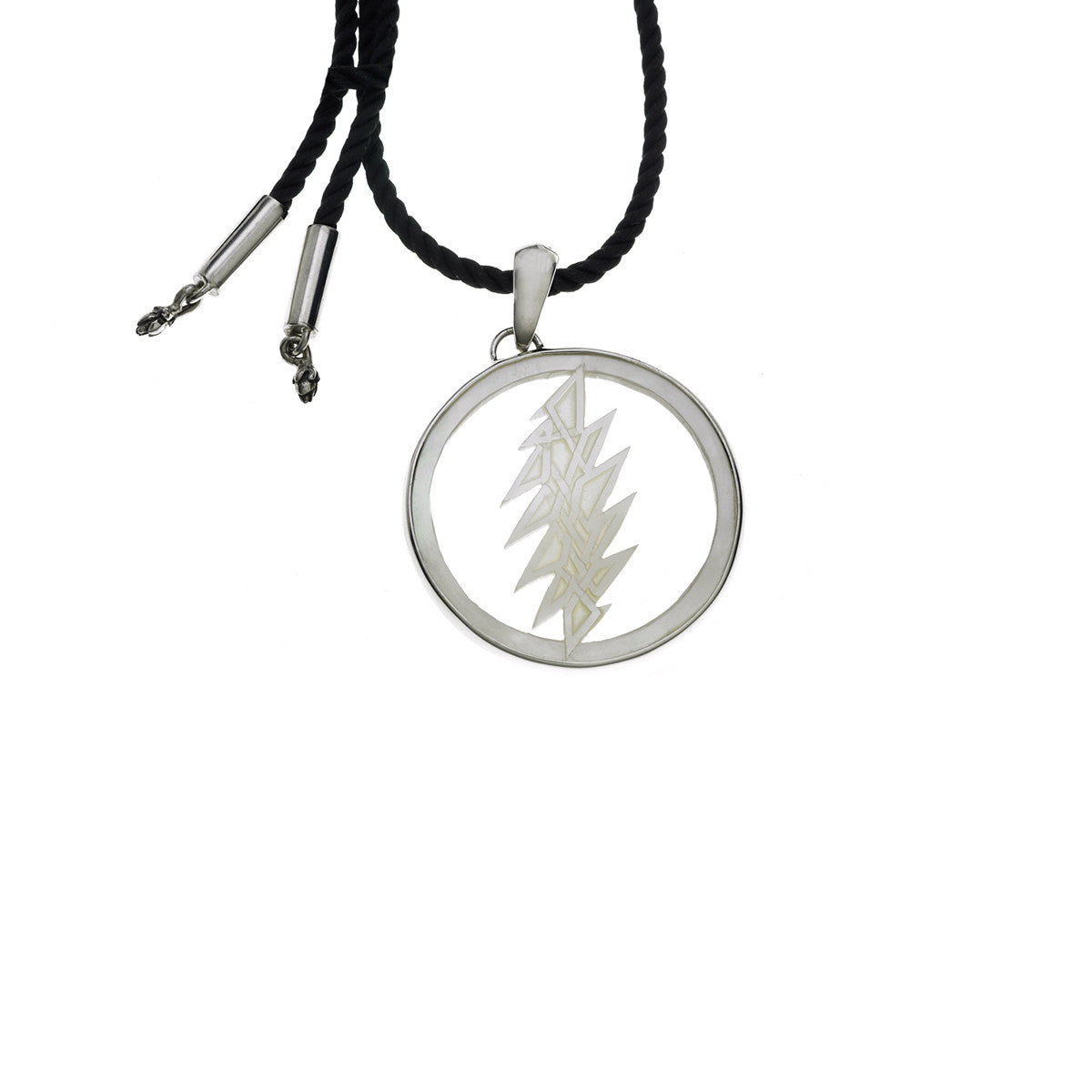 13 Point Lightening Bolt Sterling Silver Mother Of Pearl Cord Necklace - Cynthia Gale New York - 1