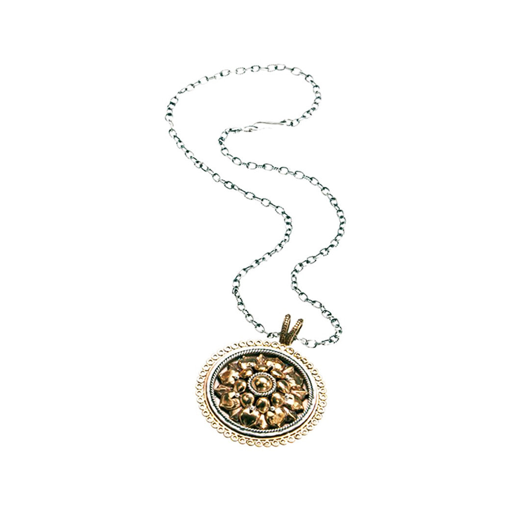 Borobudur Lotus Carved Sterling Silver Bronze Necklace - Cynthia Gale New York Jewelry