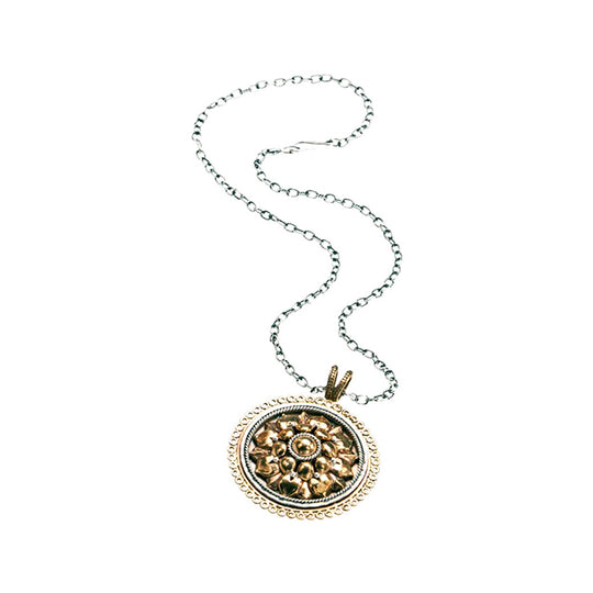 Borobudur Lotus Carved Sterling Silver Bronze Necklace - Cynthia Gale New York Jewelry