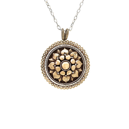 Borobudur Lotus Carved Sterling Silver Bronze Necklace - Cynthia Gale New York Jewelry