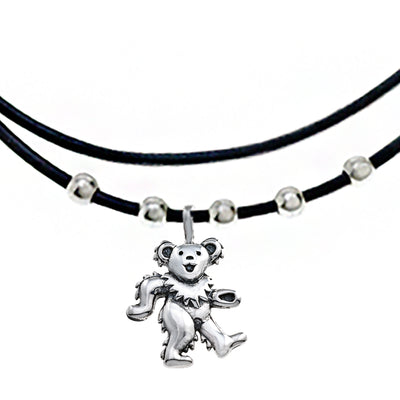 Dancing Bear Sterling Silver Beads & Thin Leather Necklace