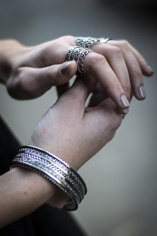 Dharmachakra Sterling Silver Meditation Bangle - Cynthia Gale New York Jewelry