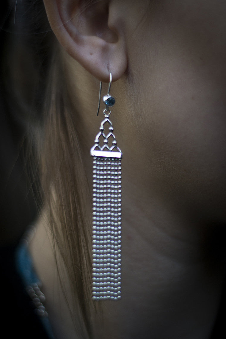 Dharmachakra Blue Topaz Samsara Sterling Silver Earring - Cynthia Gale New York Jewelry