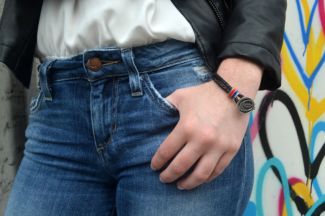 Steal Your Face Sterling Silver, Blue and Red Enamel & Leather Bracelet