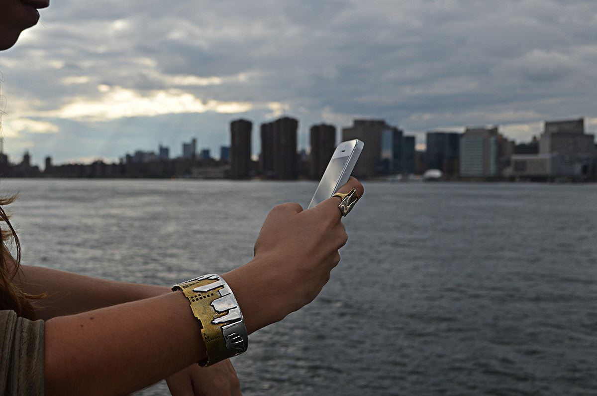 NYC Skyline The City That never Sleeps Sterling Silver & Brass Cuff - Cynthia Gale New York - 3