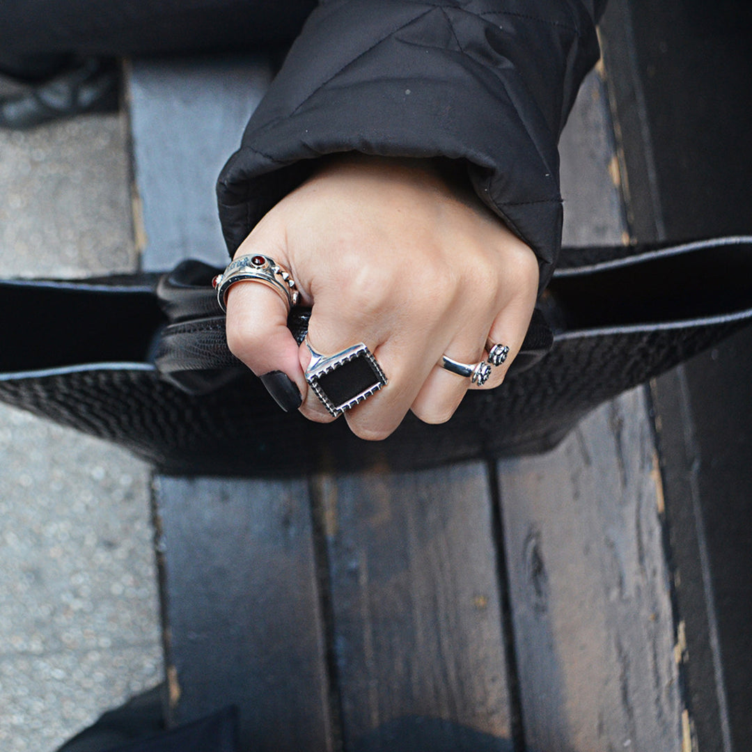 Rebel Punk Diamond Leather Signet Sterling Silver Ring - Cynthia Gale New York Jewelry