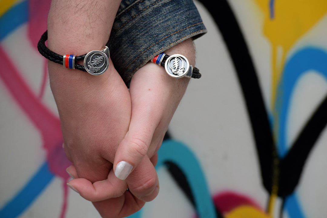 Steal Your Face Sterling Silver, Blue and Red Enamel & Leather Bracelet