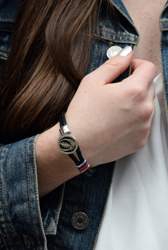 Steal Your Face Sterling Silver, Blue and Red Enamel & Leather Bracelet