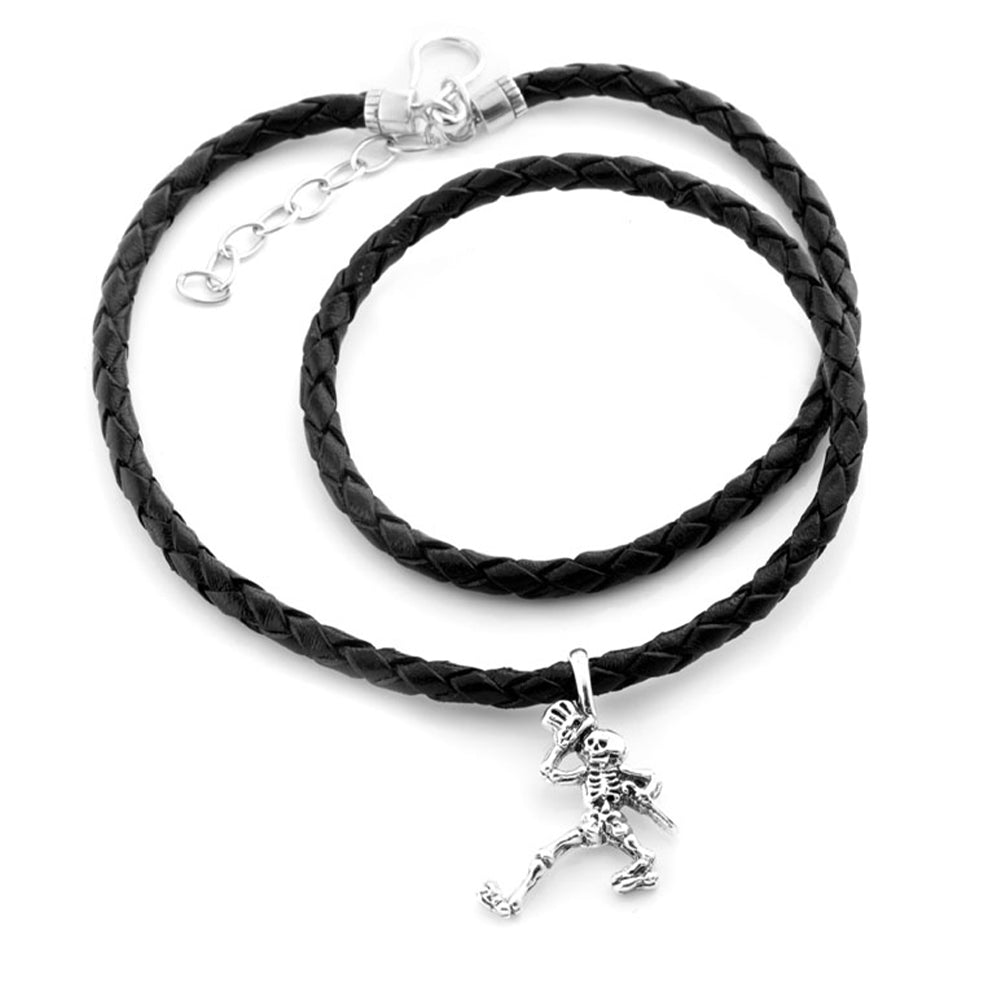 Dancing Skeletons Sterling Silver Charm Woven Leather Necklace