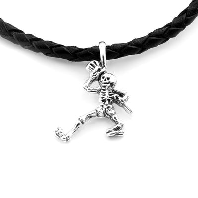 Dancing Skeletons Sterling Silver Charm Woven Leather Necklace