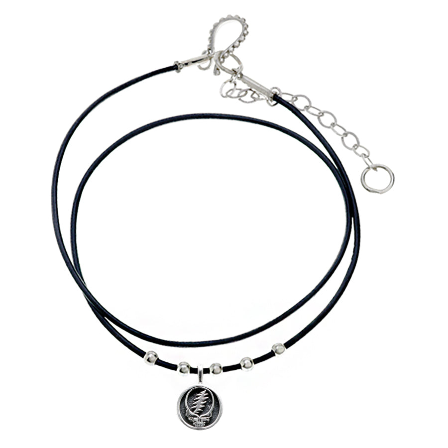 Steal Your Face Sterling Silver Beads & Thin Leather Necklace