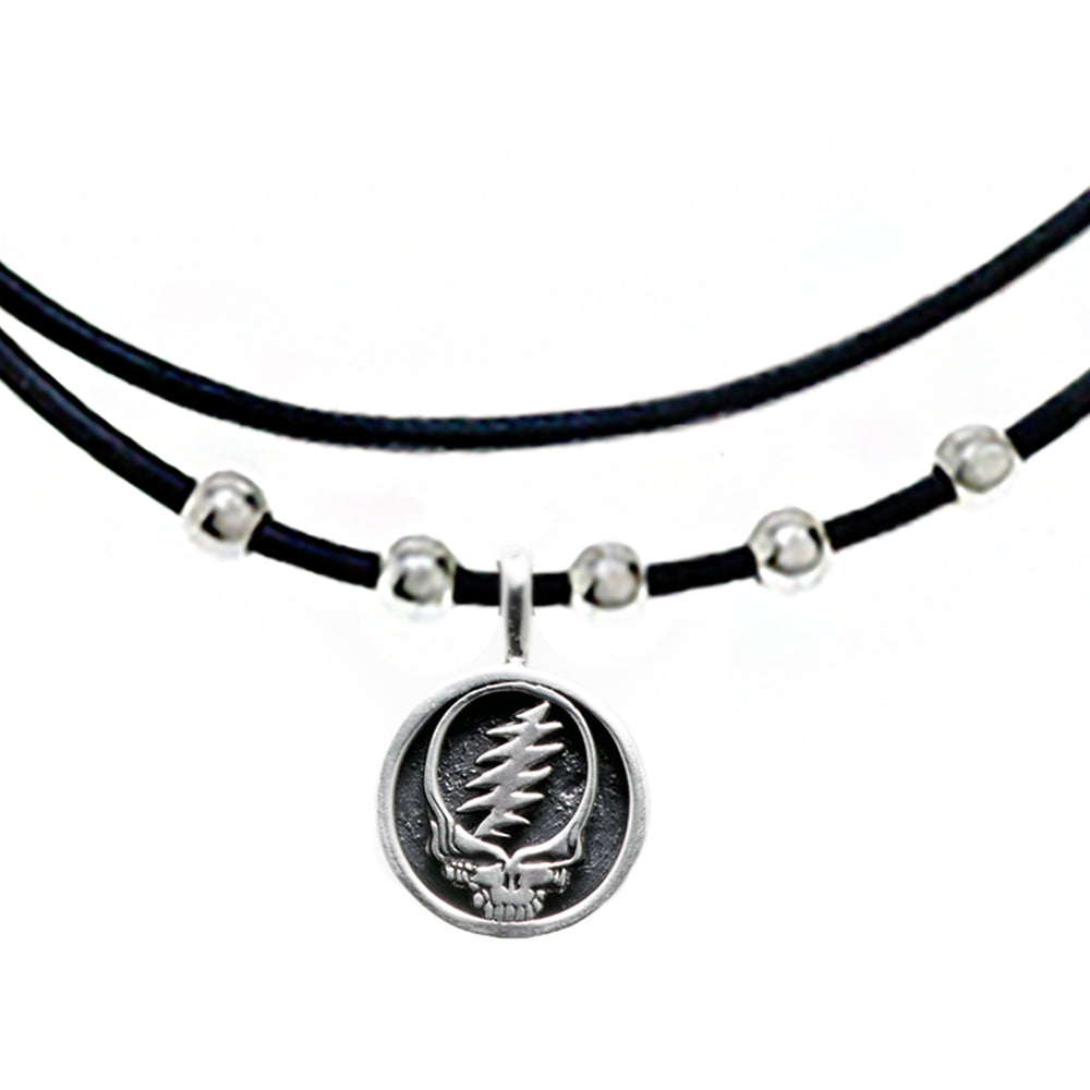 Steal Your Face Sterling Silver Beads & Thin Leather Necklace