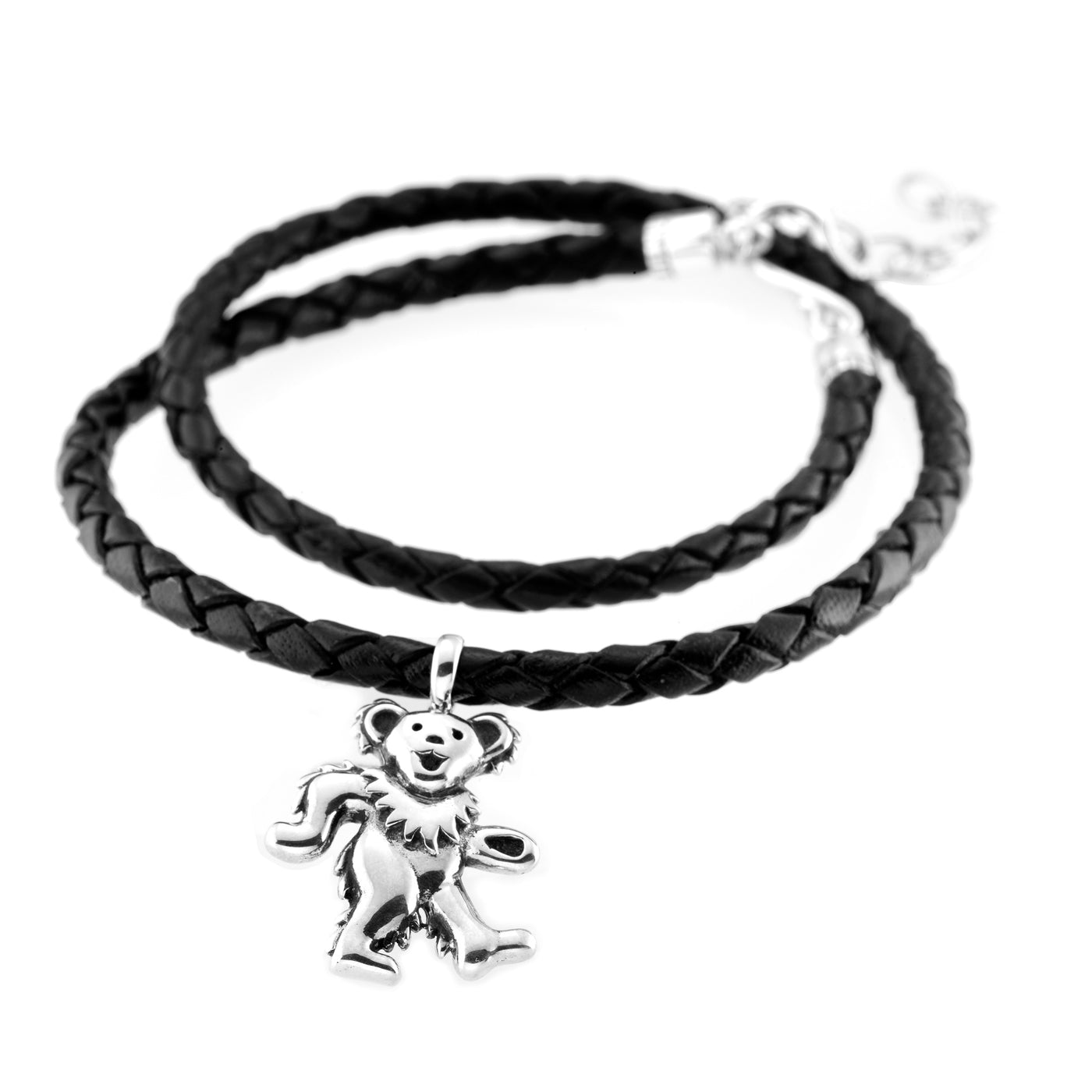 Dancing Bear Sterling Silver Charm Woven Leather Necklace