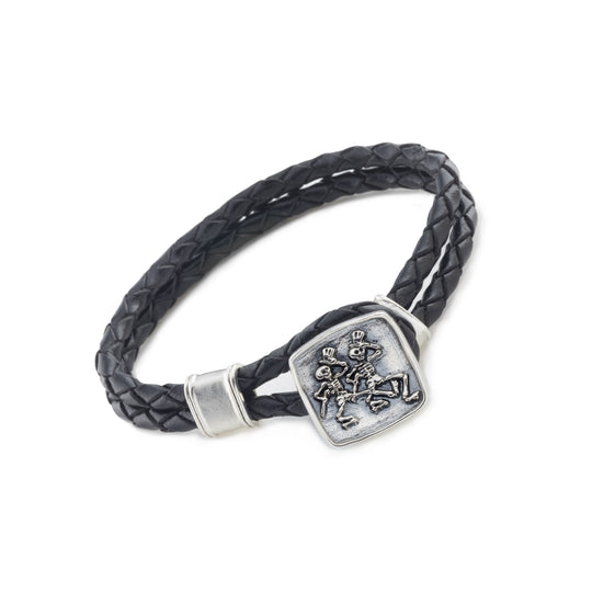 Dancing Skeletons Sterling Silver Leather Bracelet