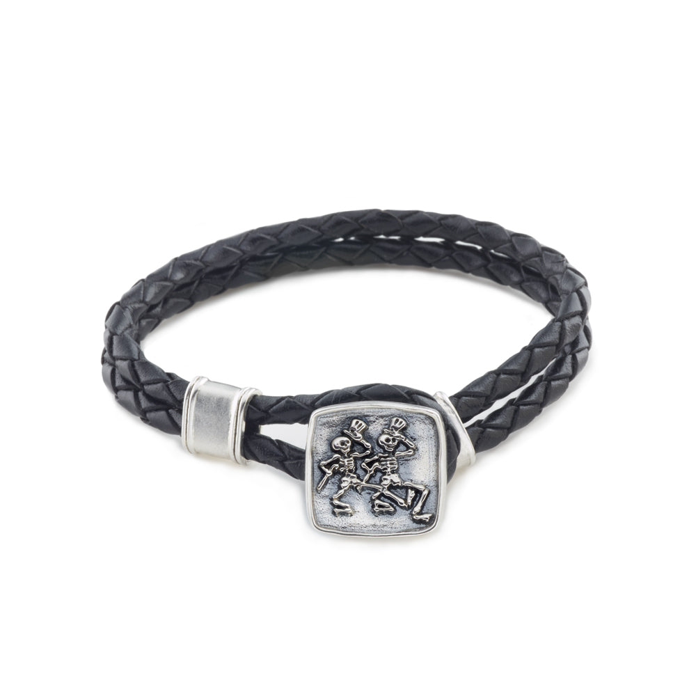 Dancing Skeletons Sterling Silver Leather Bracelet